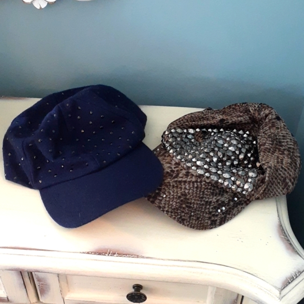 * Pair of embellished brimmed caps - studs & crystals!